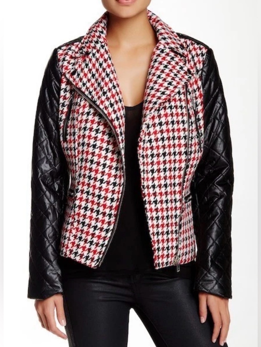 KUT from the Kloth Quilted Leather Sleeve Houndstooth Tweed Moto Jacket